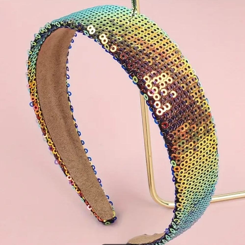 New boutique handmade iridescent sequins wide band flexible headband